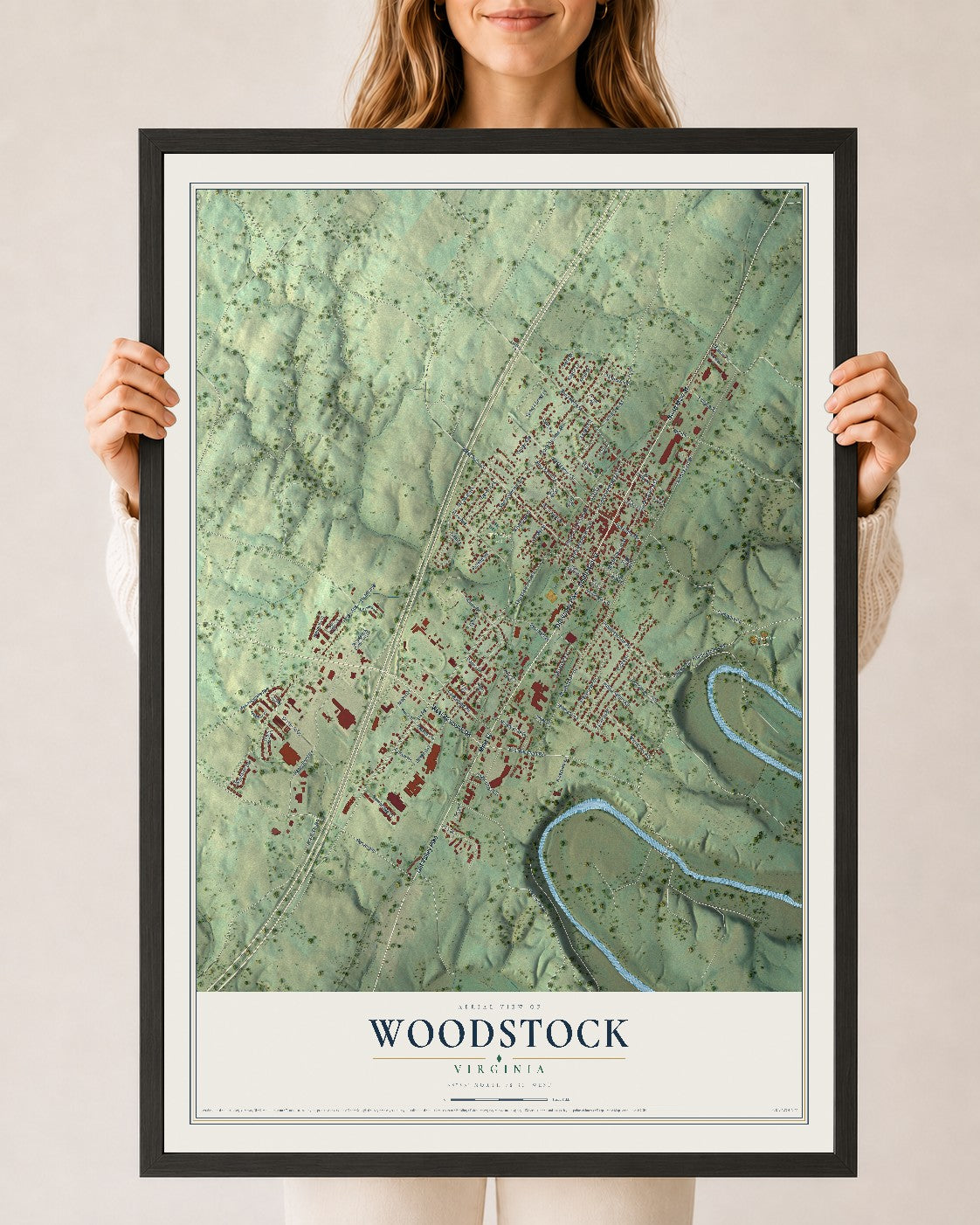 Map of Woodstock, Virginia, 24 x 36 inch print in a black wood frame