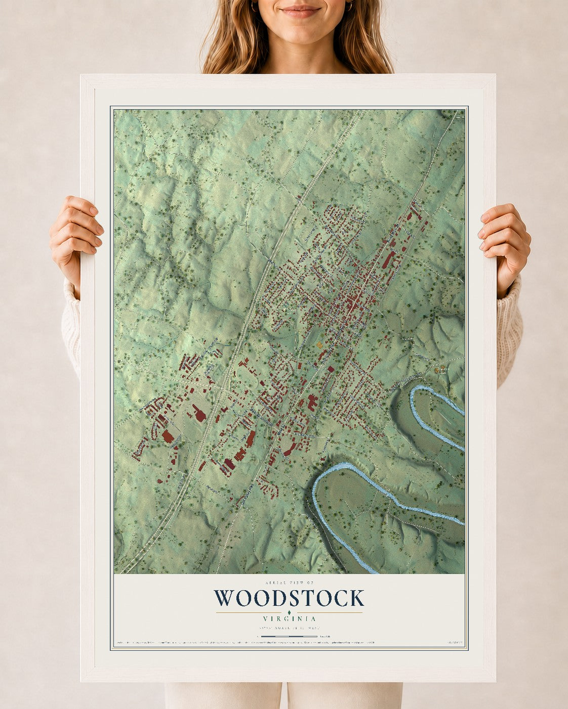 Map of Woodstock, Virginia, 24 x 36 inch print in a white wood frame