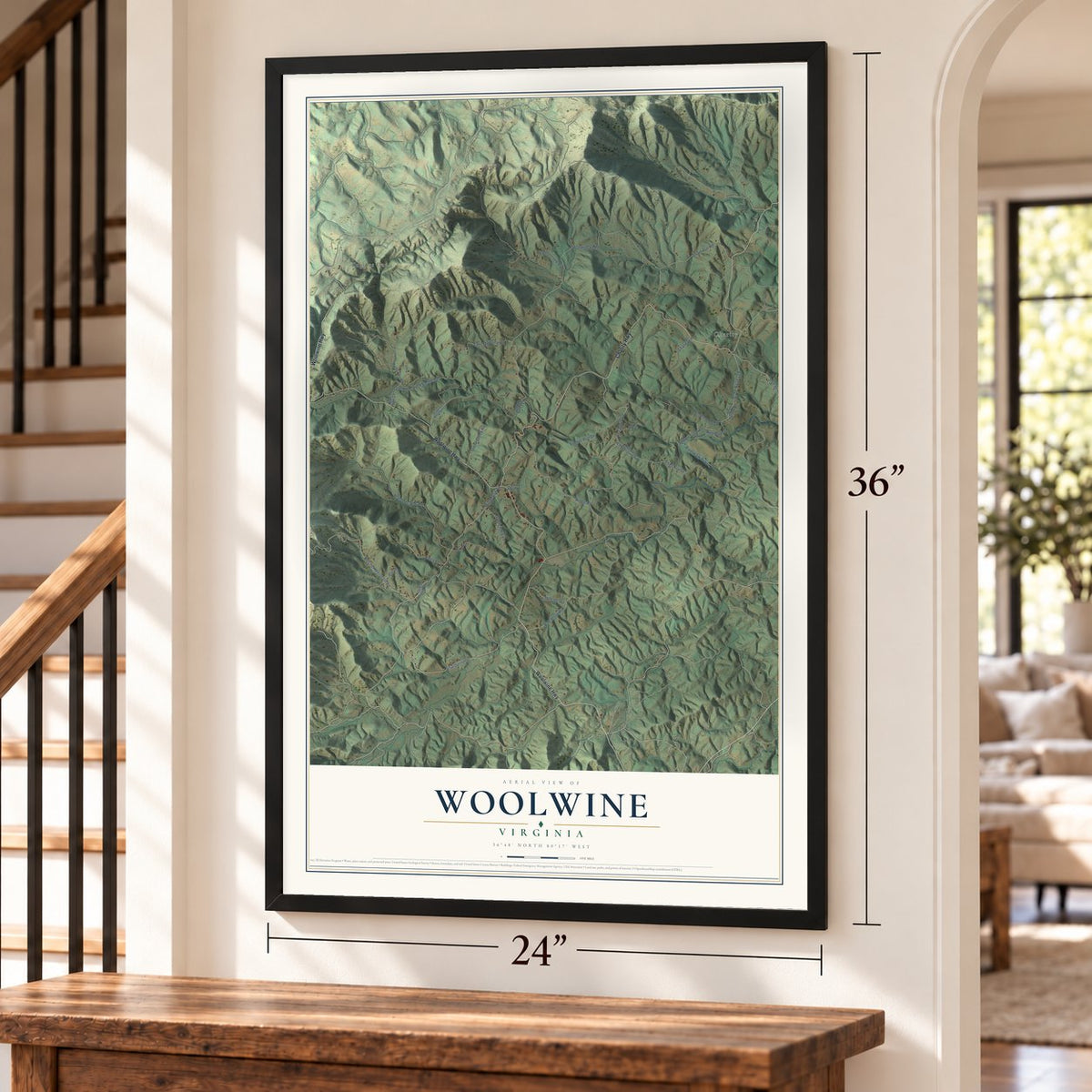 Woolwine, Virginia map, 24 x 36 inch print in a black frame by a staircase
