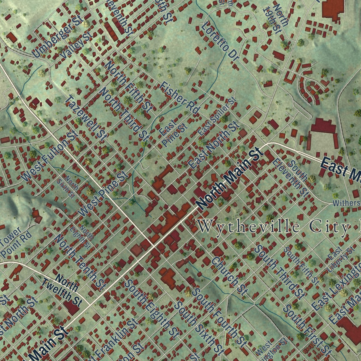 Close-up of the map of Wytheville, Virginia print showing street and building detail