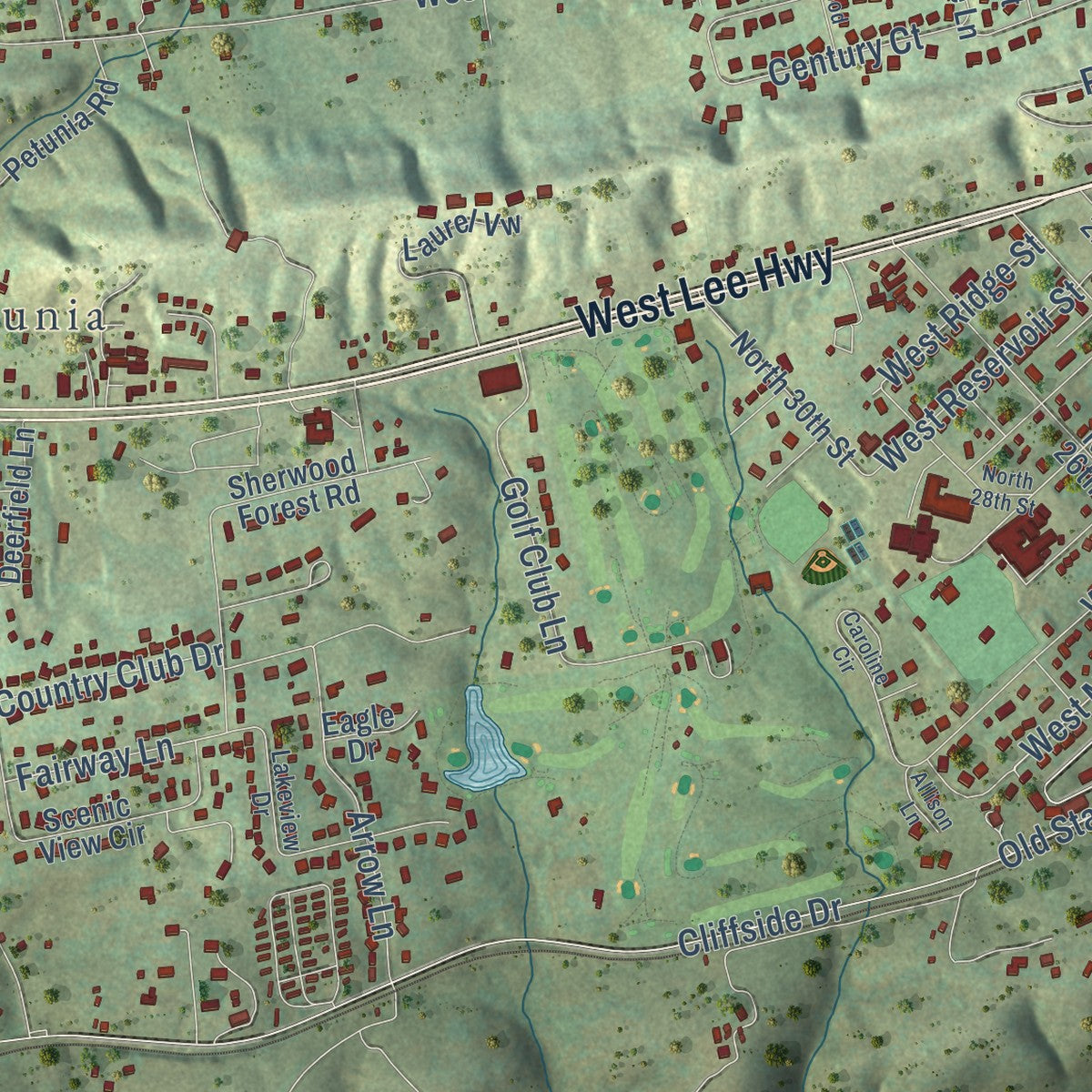 Second close-up of the map of Wytheville, Virginia print showing more streets and buildings