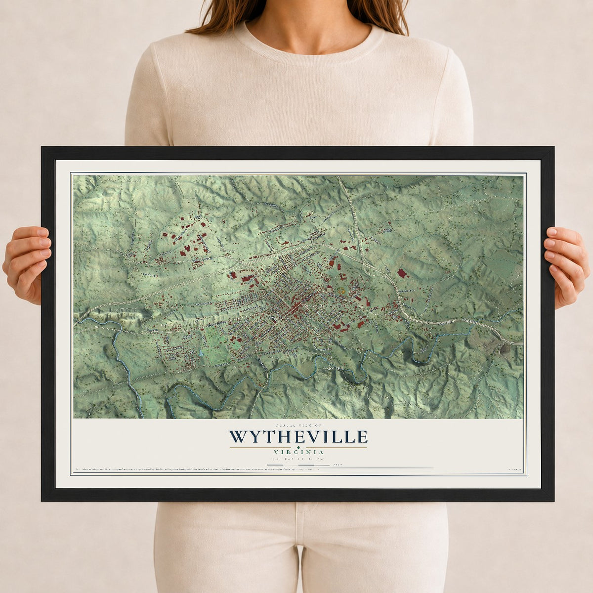 Map of Wytheville, Virginia, 12 x 18 inch print in a black wood frame