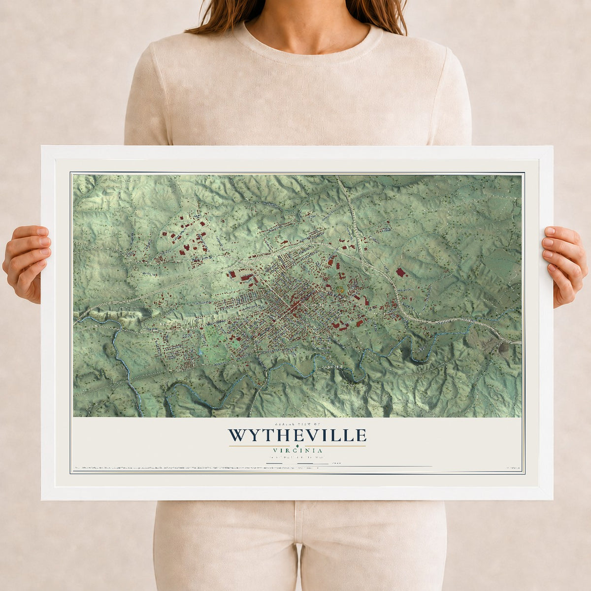 Map of Wytheville, Virginia, 12 x 18 inch print in a white wood frame