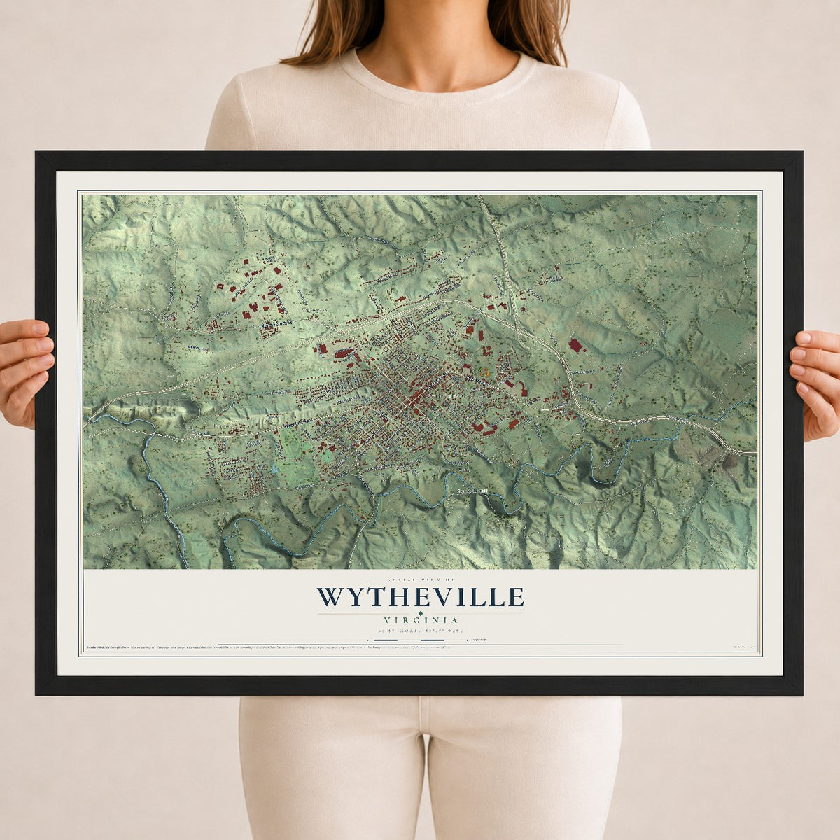 Map of Wytheville, Virginia, 18 x 24 inch print in a black wood frame