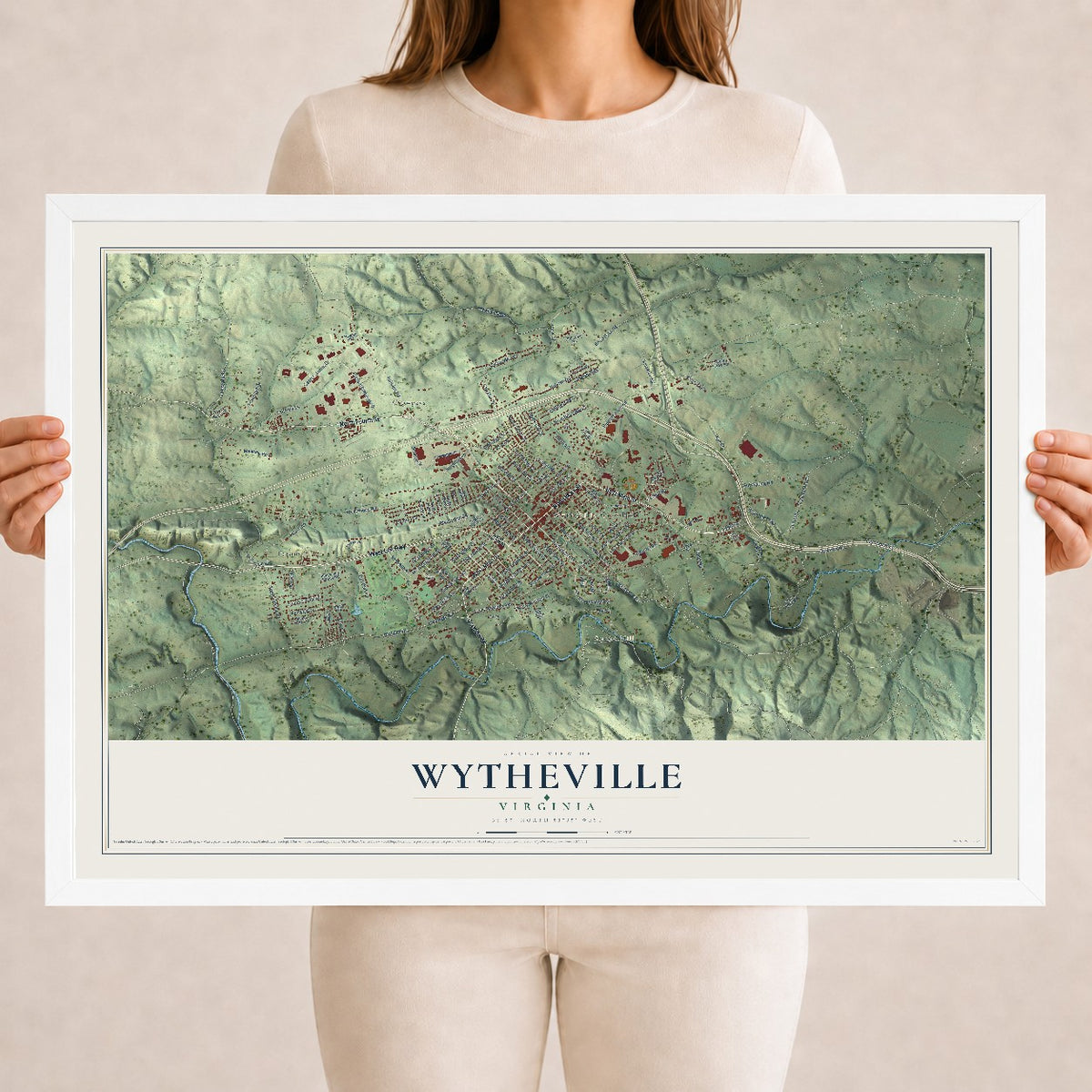 Map of Wytheville, Virginia, 18 x 24 inch print in a white wood frame