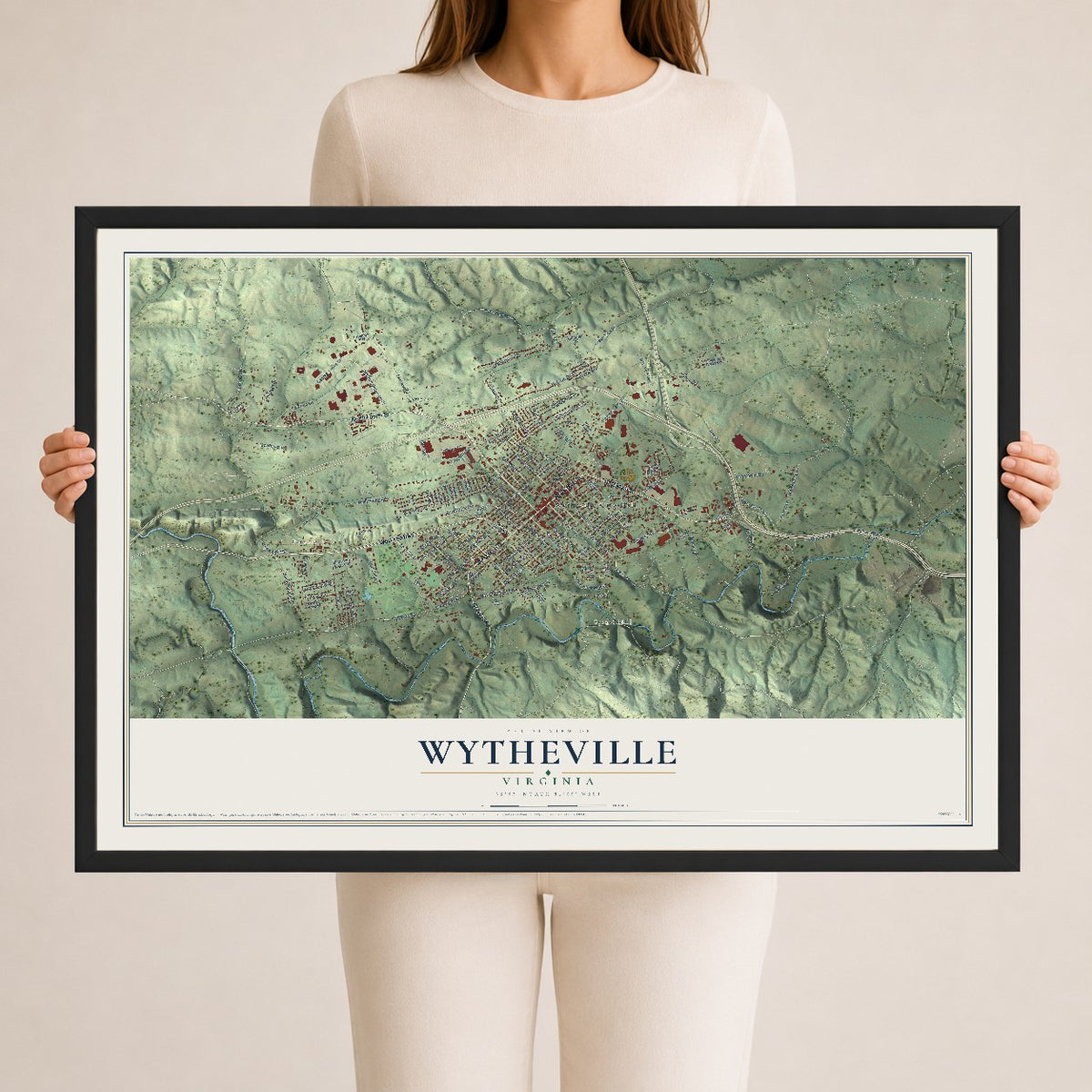 Map of Wytheville, Virginia, 24 x 36 inch print in a black wood frame