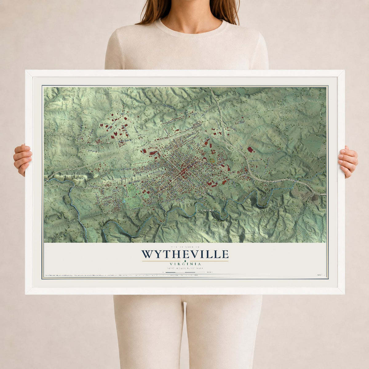 Map of Wytheville, Virginia, 24 x 36 inch print in a white wood frame
