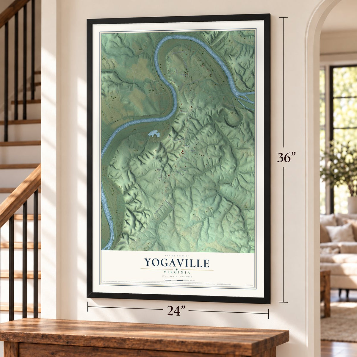 Yogaville, Virginia map, 24 x 36 inch print in a black frame by a staircase