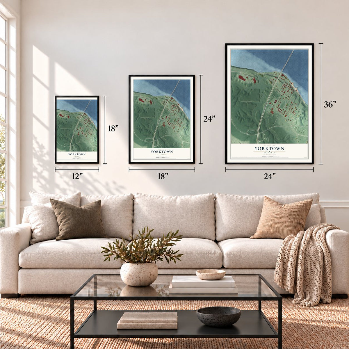 Yorktown, Virginia map in 12 x 18, 18 x 24 and 24 x 36 inch sizes above a sofa