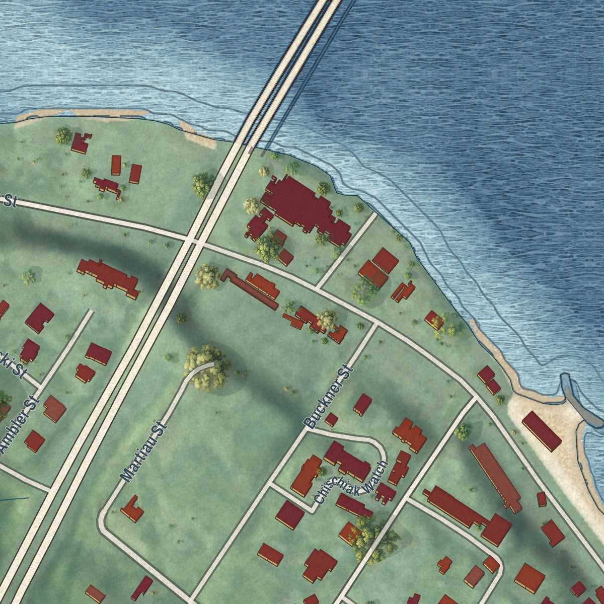 Close-up of the map of Yorktown, Virginia print showing street and building detail