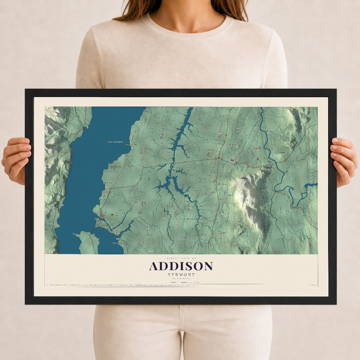 Map of Addison, Vermont, 12 x 18 inch print in a black wood frame