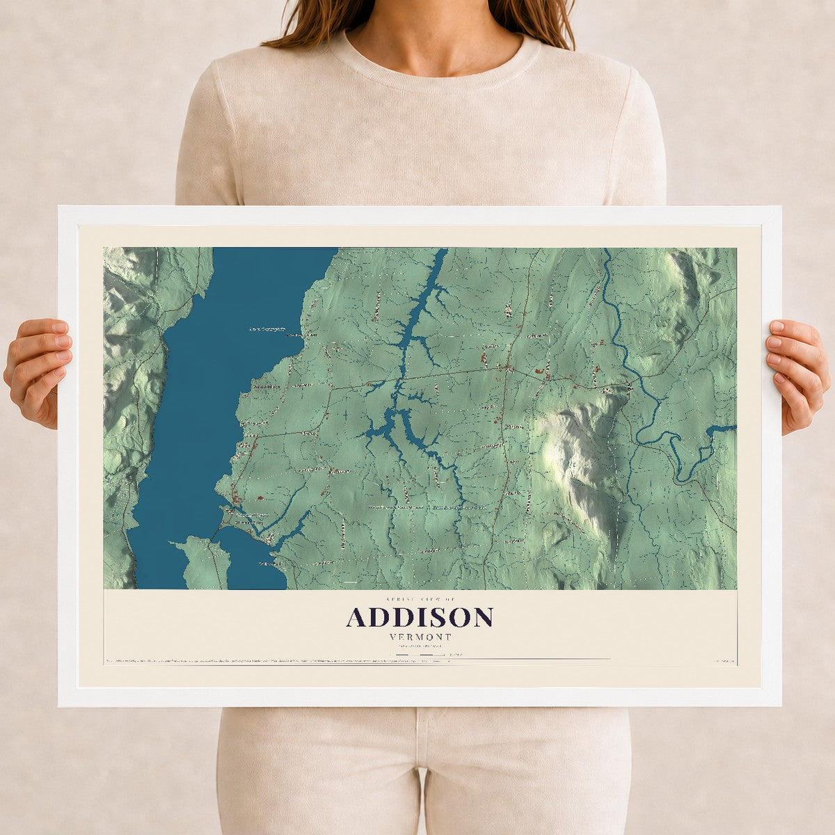 Map of Addison, Vermont, 12 x 18 inch print in a white wood frame