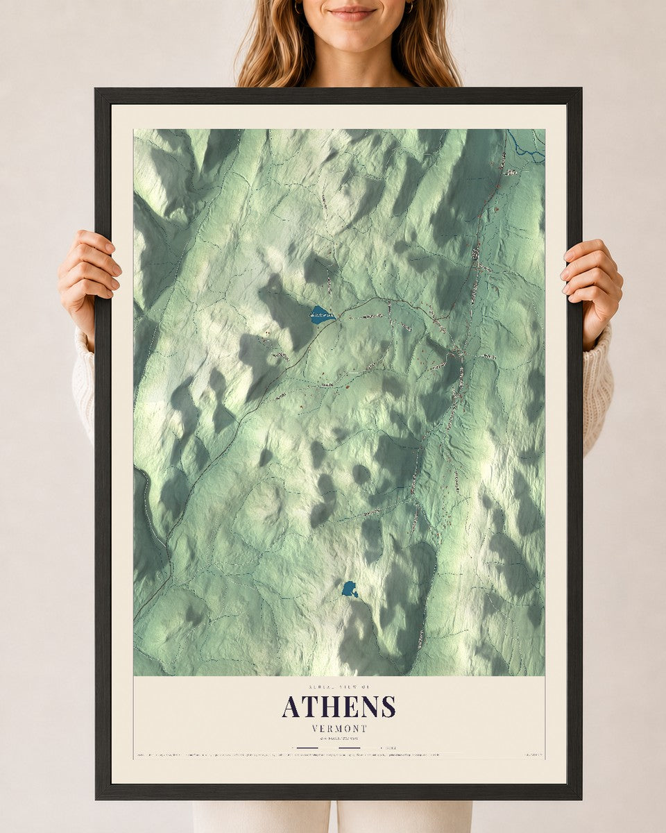 Athens, Vermont map print - 24 x 36 black Ayous wood frame