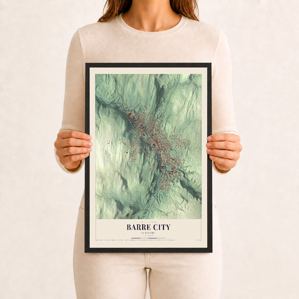 Barre City, Vermont map print - 12 x 18 black Ayous wood frame