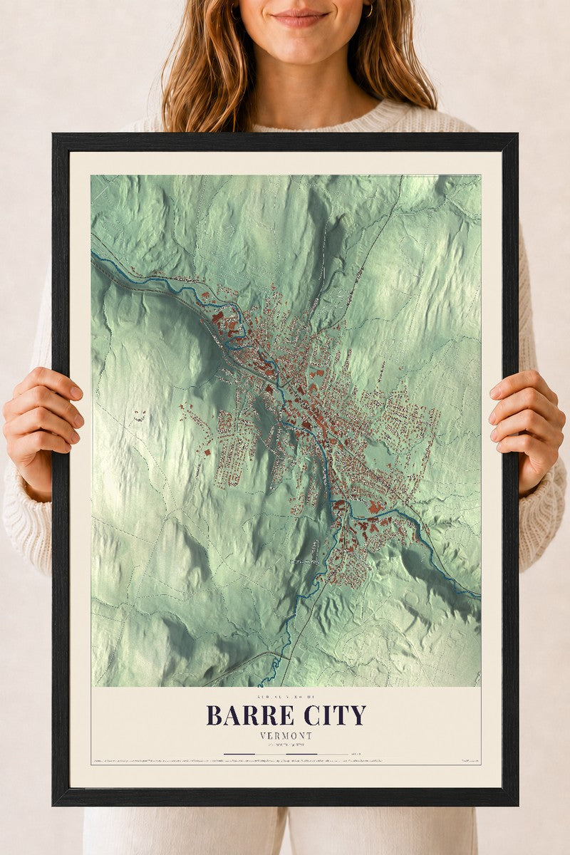 Barre City, Vermont map print - 18 x 24 black Ayous wood frame