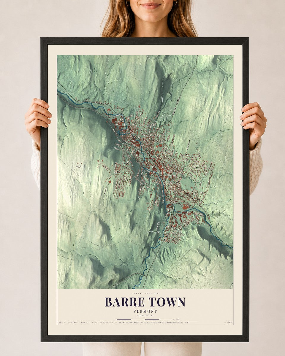 Barre Town, Vermont map print - 24 x 36 black Ayous wood frame