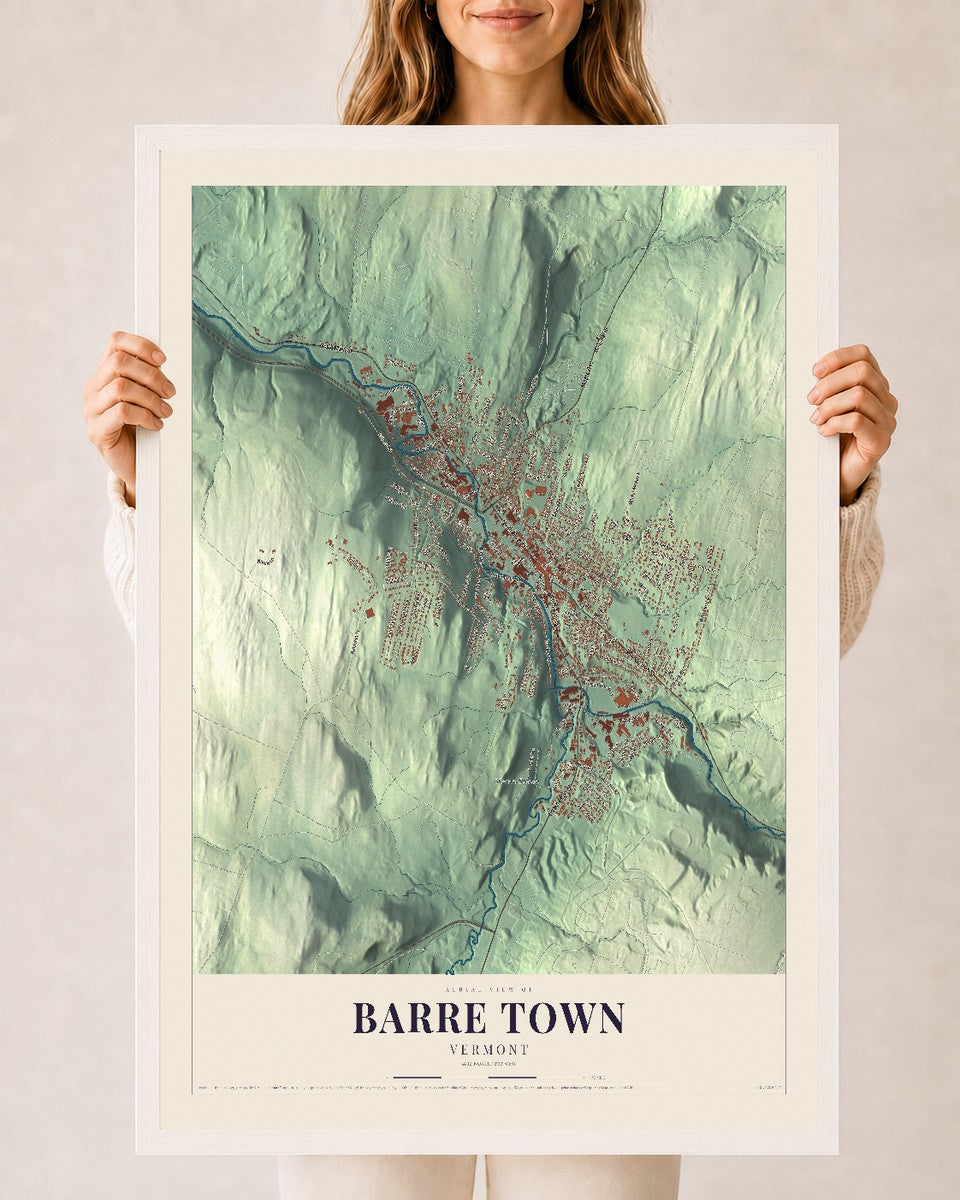 Barre Town, Vermont map print - 24 x 36 white Ayous wood frame