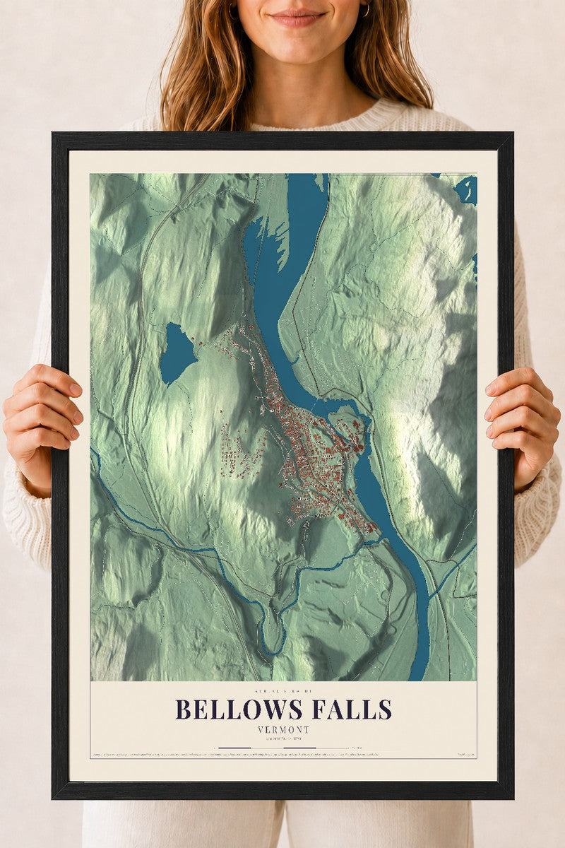Bellows Falls, Vermont map print - 18 x 24 black Ayous wood frame