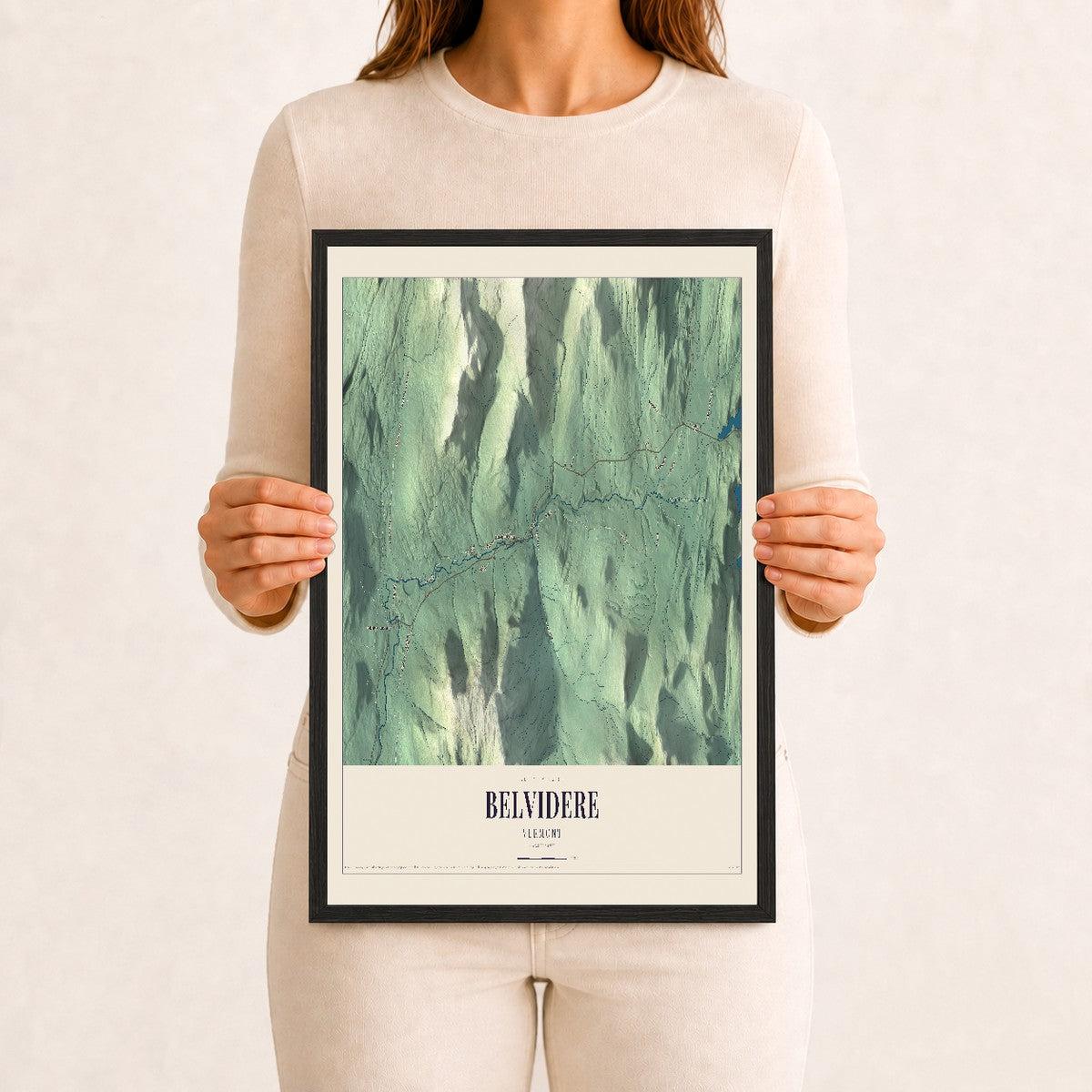 Belvidere, Vermont map print - 12 x 18 black Ayous wood frame