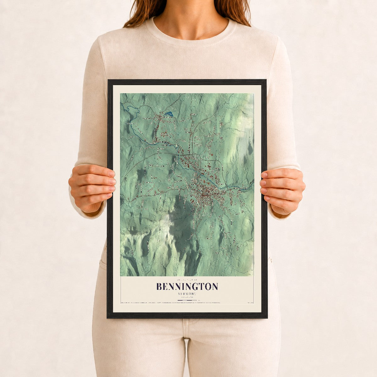 Bennington, Vermont map print - 12 x 18 black Ayous wood frame