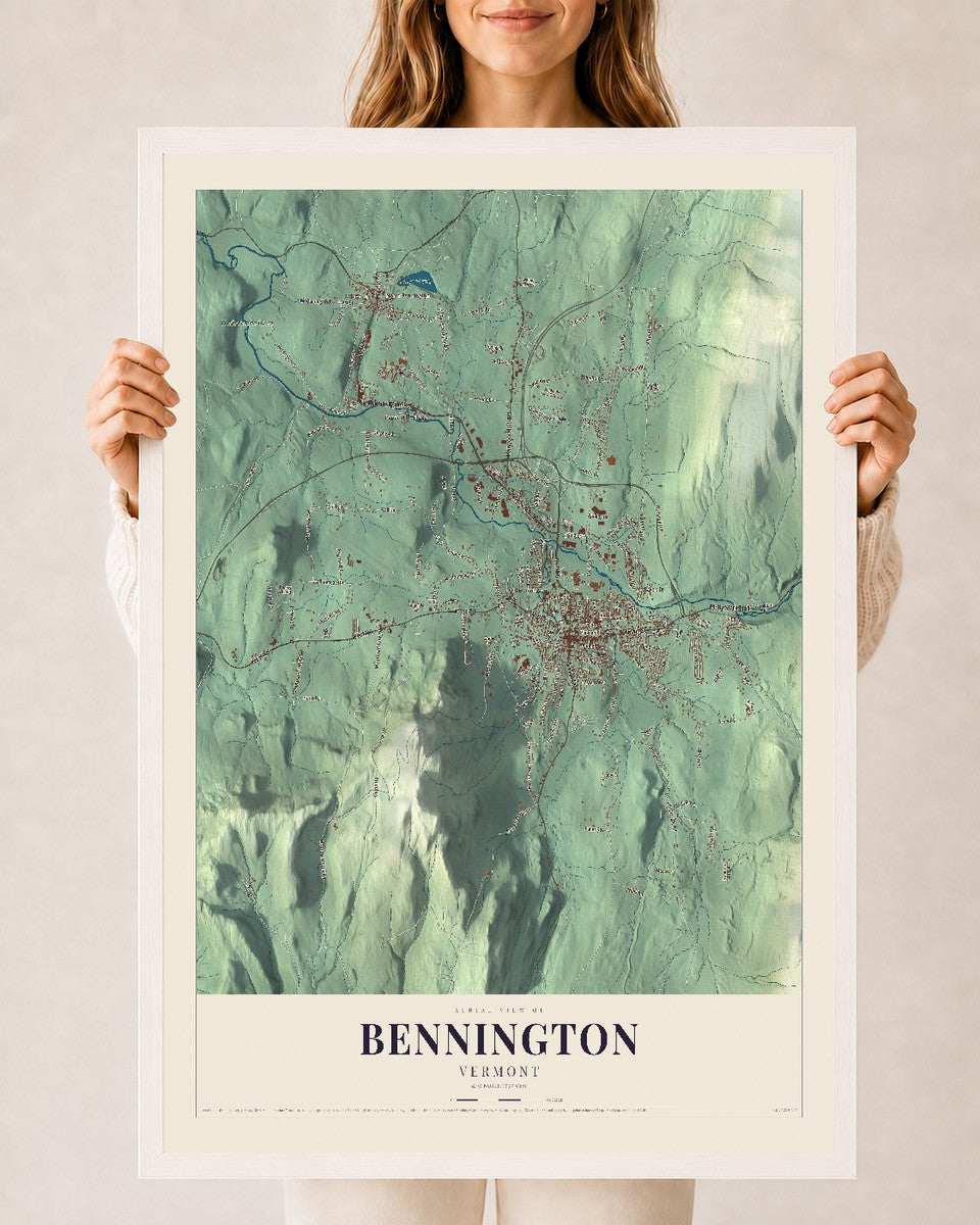 Bennington, Vermont map print - 24 x 36 white Ayous wood frame