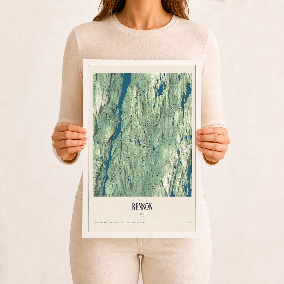 Benson, Vermont map print - 12 x 18 white Ayous wood frame