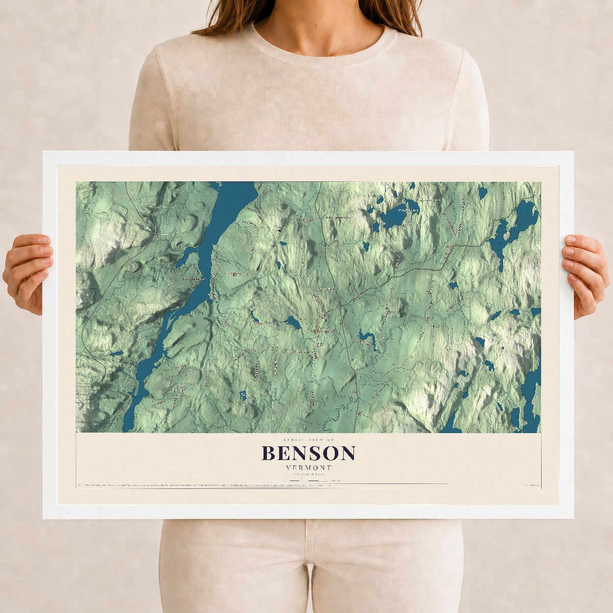 Map of Benson, Vermont, 12 x 18 inch print in a white wood frame