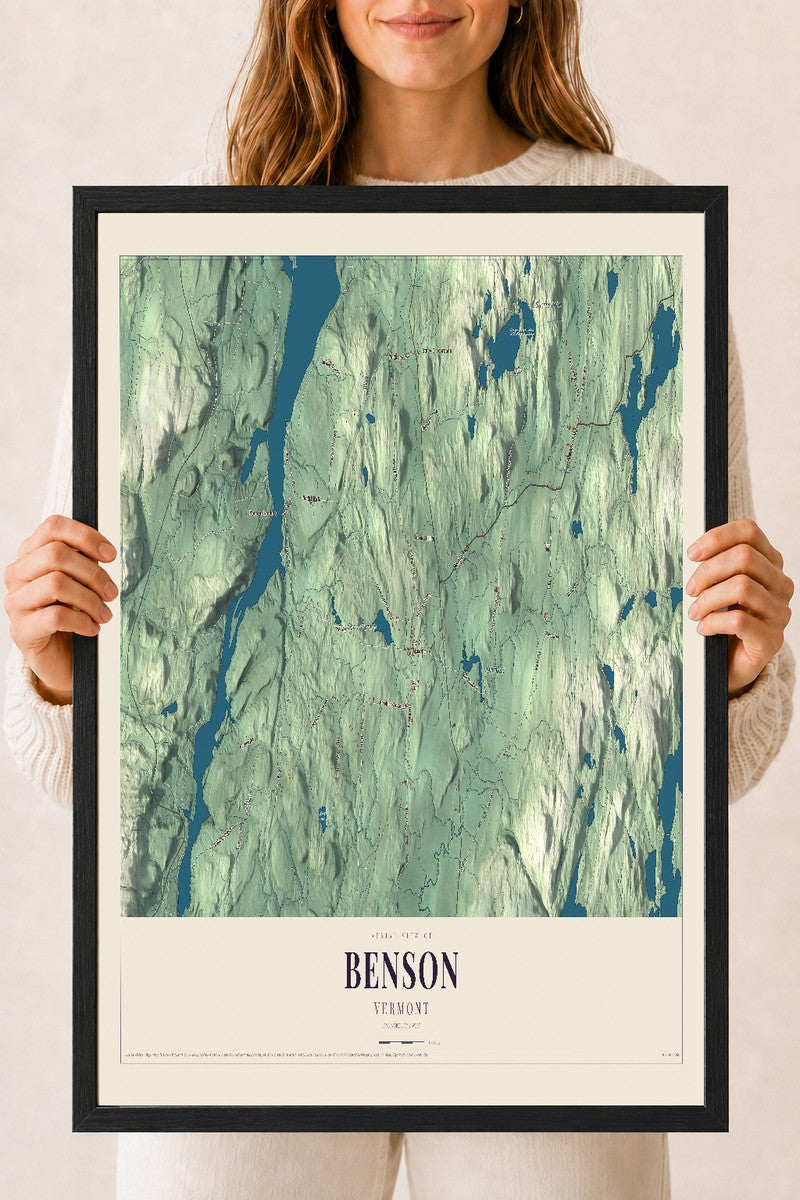 Benson, Vermont map print - 18 x 24 black Ayous wood frame