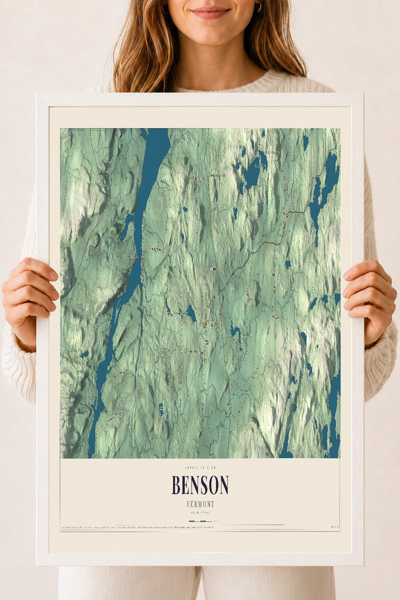Benson, Vermont map print - 18 x 24 white Ayous wood frame