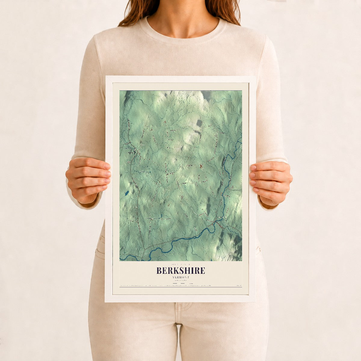 Berkshire, Vermont map print - 12 x 18 white Ayous wood frame