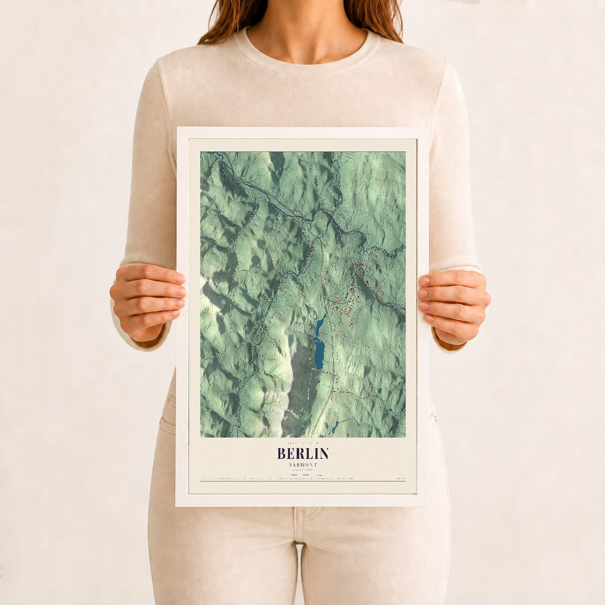 Berlin, Vermont map print - 12 x 18 white Ayous wood frame