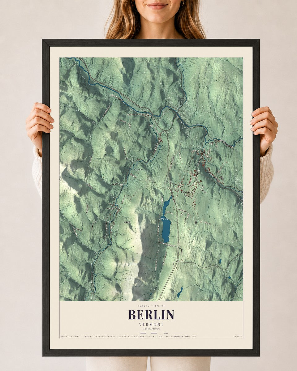 Berlin, Vermont map print - 24 x 36 black Ayous wood frame