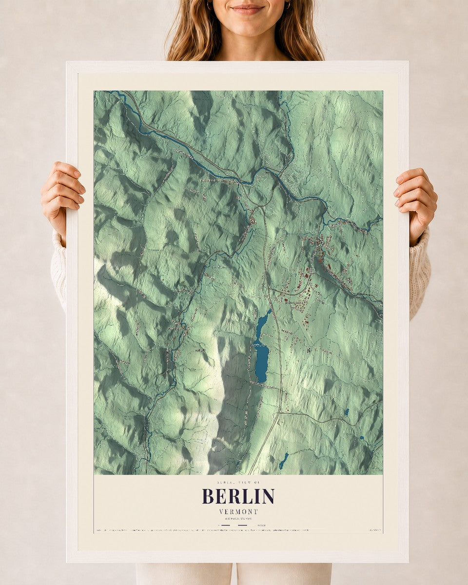 Berlin, Vermont map print - 24 x 36 white Ayous wood frame