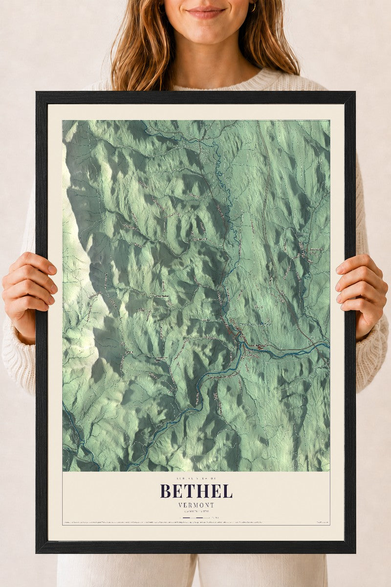 Bethel, Vermont map print - 18 x 24 black Ayous wood frame