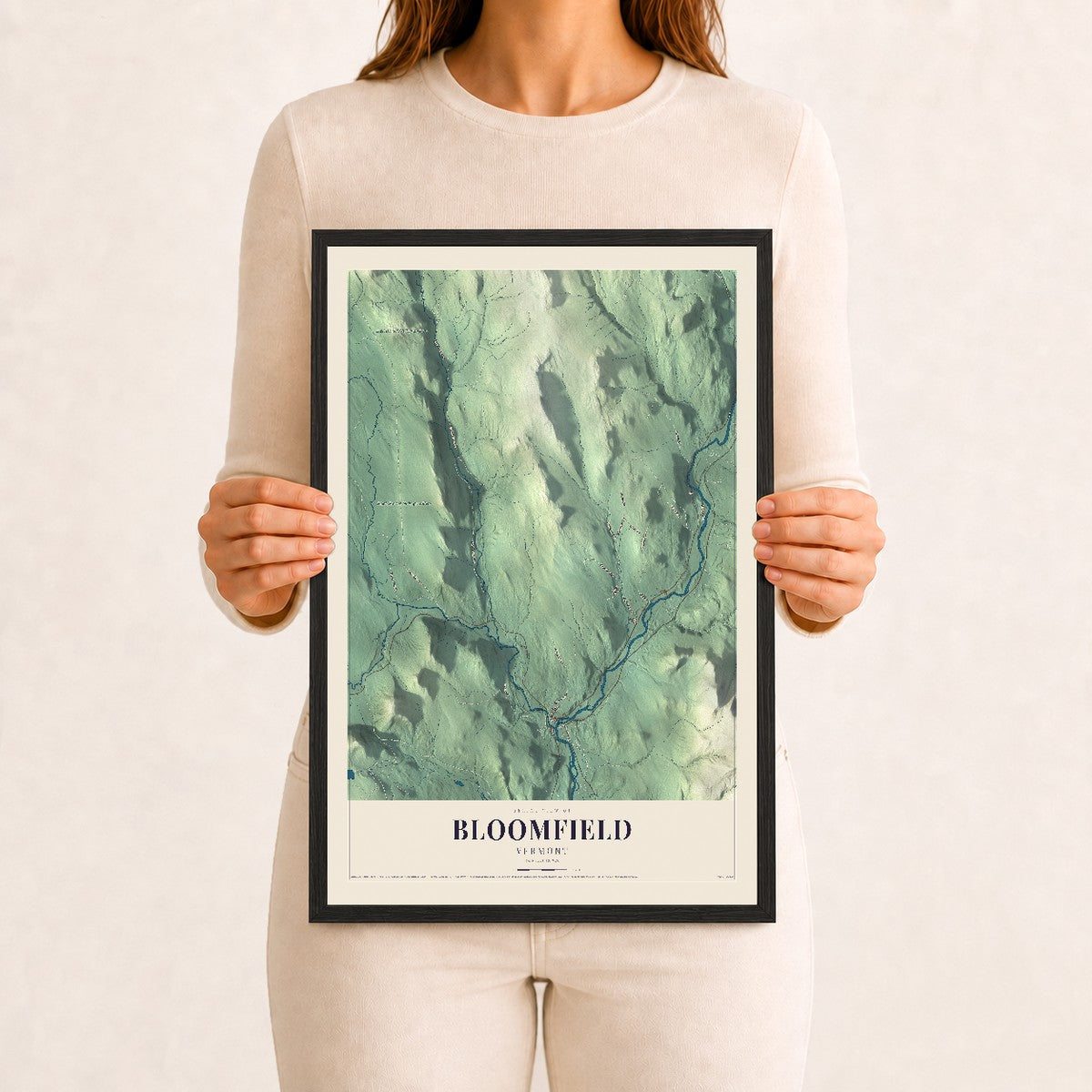 Bloomfield, Vermont map print - 12 x 18 black Ayous wood frame