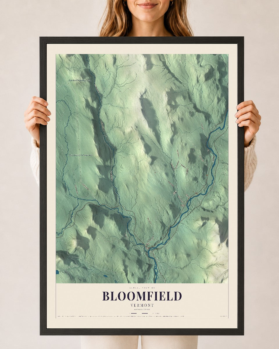 Bloomfield, Vermont map print - 24 x 36 black Ayous wood frame