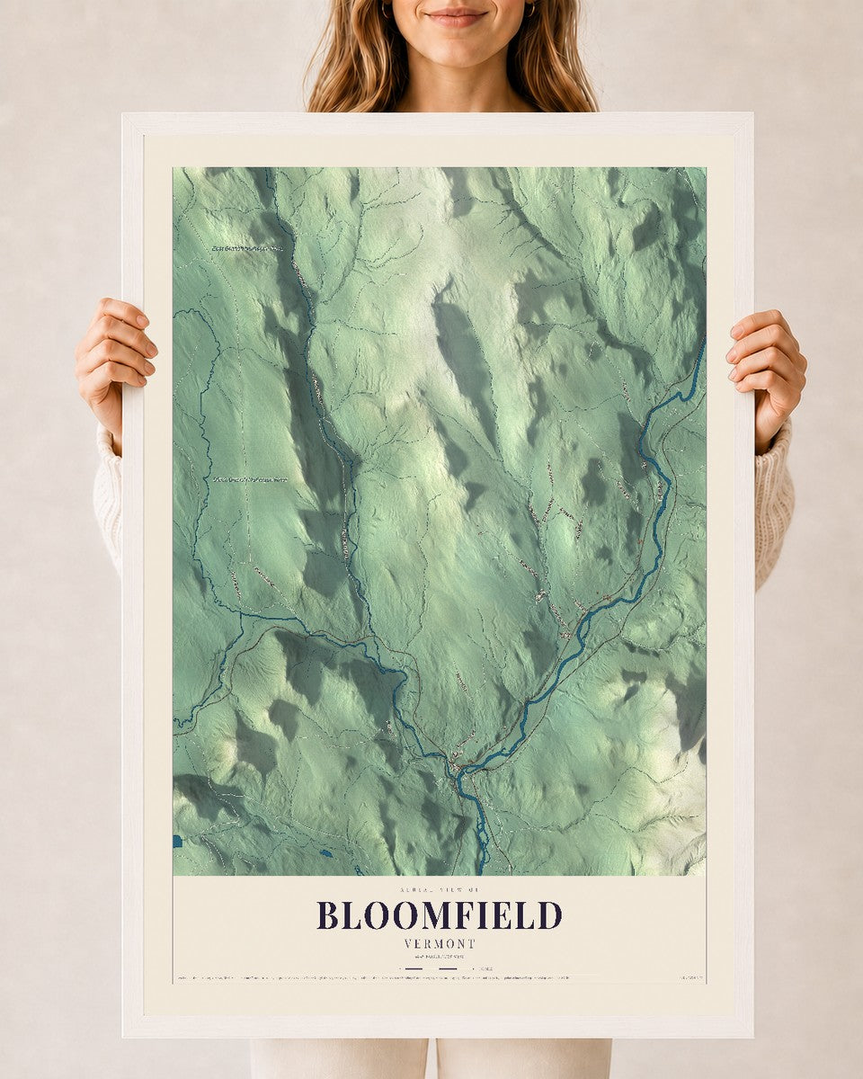 Bloomfield, Vermont map print - 24 x 36 white Ayous wood frame