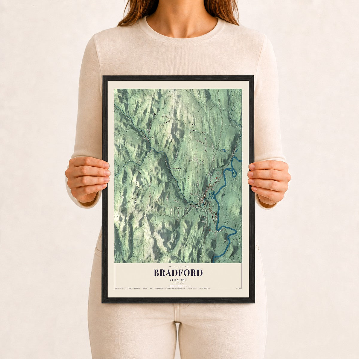 Bradford, Vermont map print - 12 x 18 black Ayous wood frame