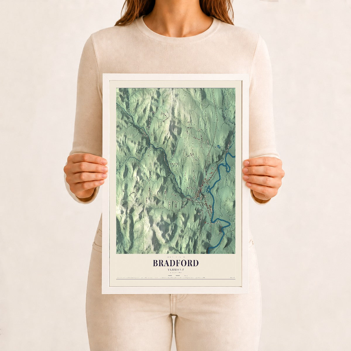Bradford, Vermont map print - 12 x 18 white Ayous wood frame