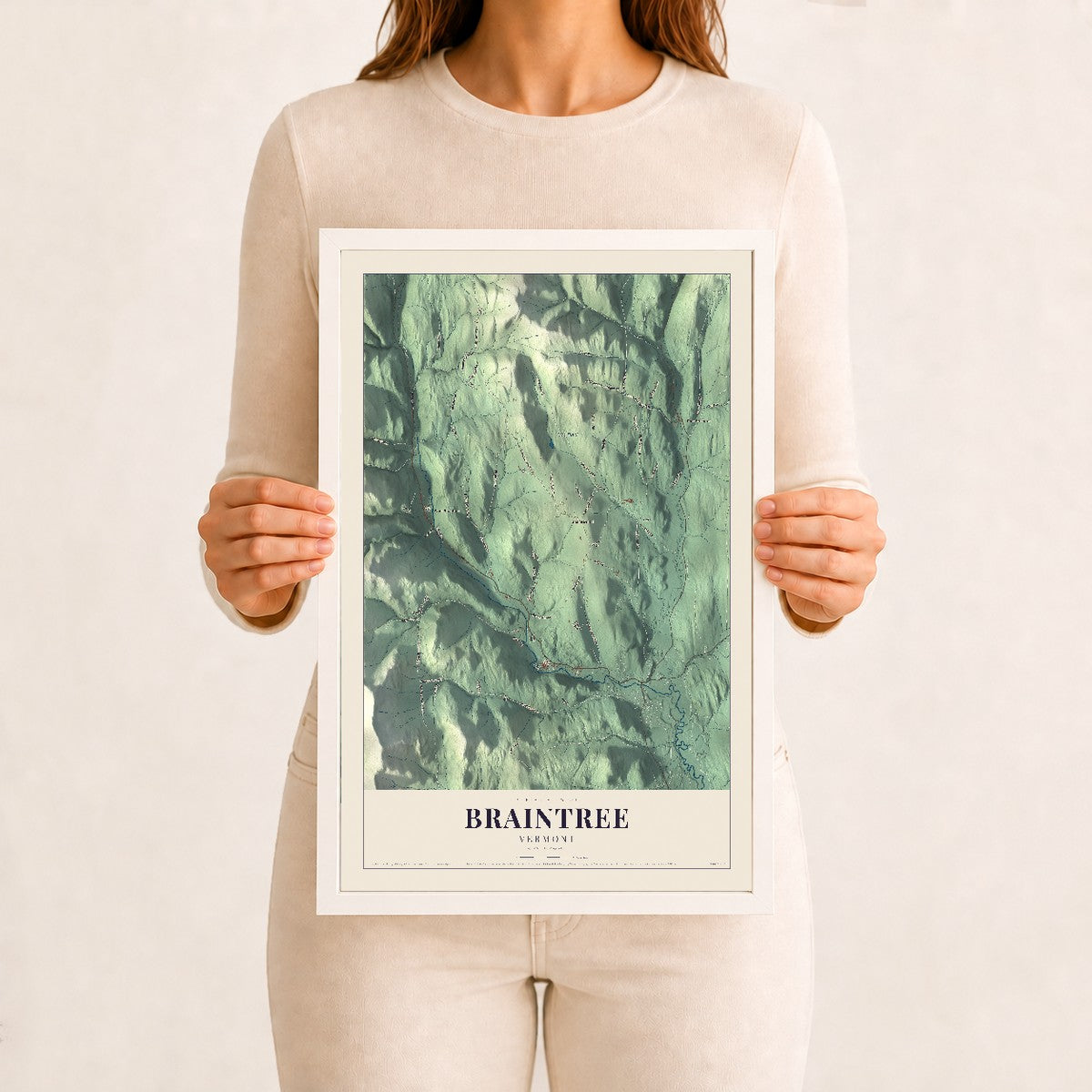Braintree, Vermont map print - 12 x 18 white Ayous wood frame