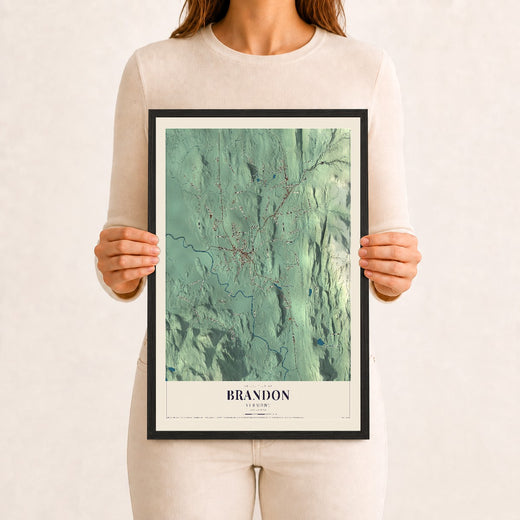 Map of Brandon, Vermont, 12 x 18 inch print in a black wood frame