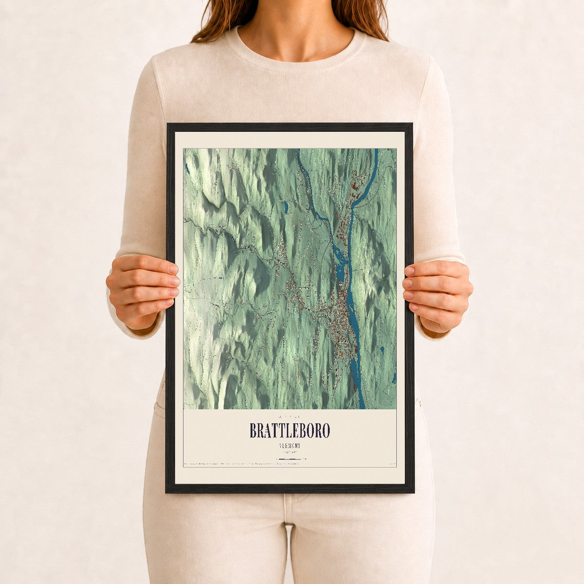 Brattleboro, Vermont map print - 12 x 18 black Ayous wood frame