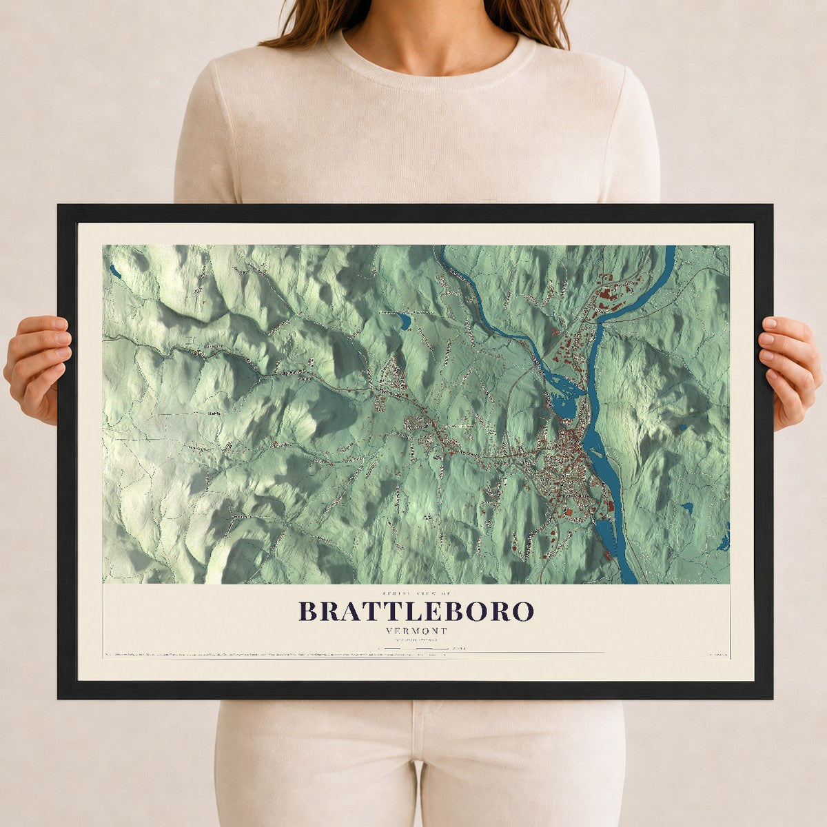 Map of Brattleboro, Vermont, 12 x 18 inch print in a black wood frame