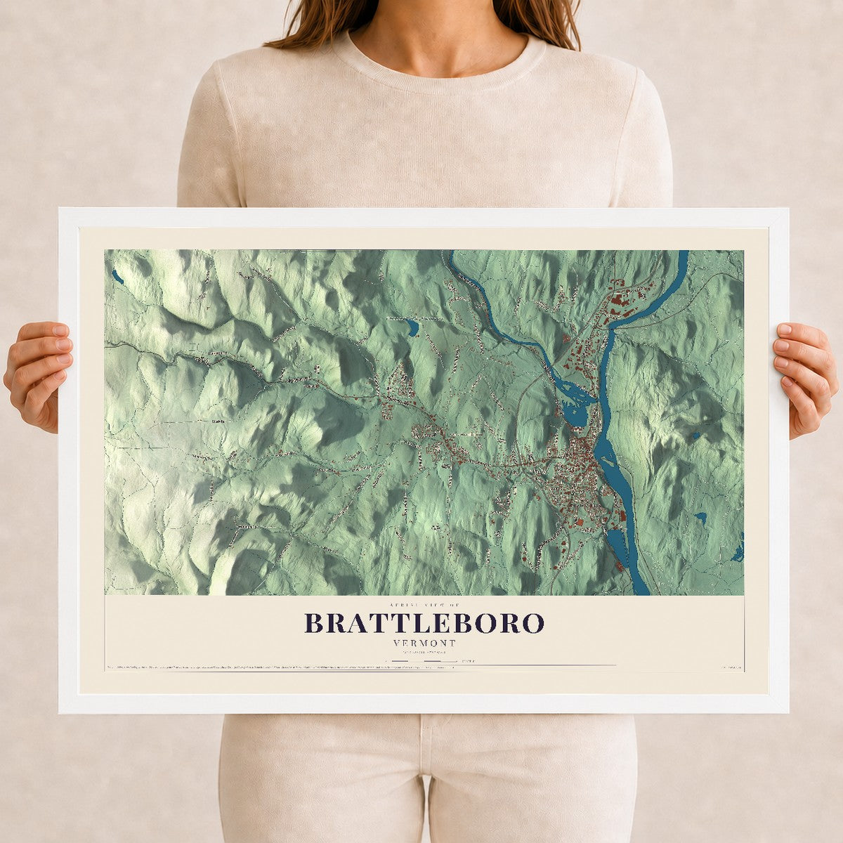 Map of Brattleboro, Vermont, 12 x 18 inch print in a white wood frame
