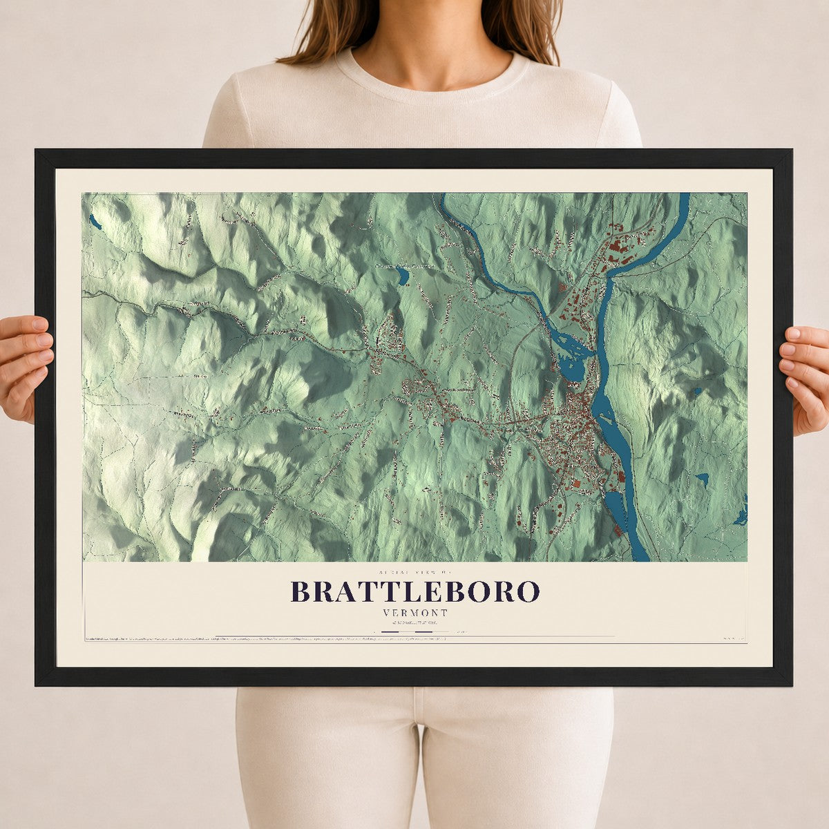 Map of Brattleboro, Vermont, 18 x 24 inch print in a black wood frame