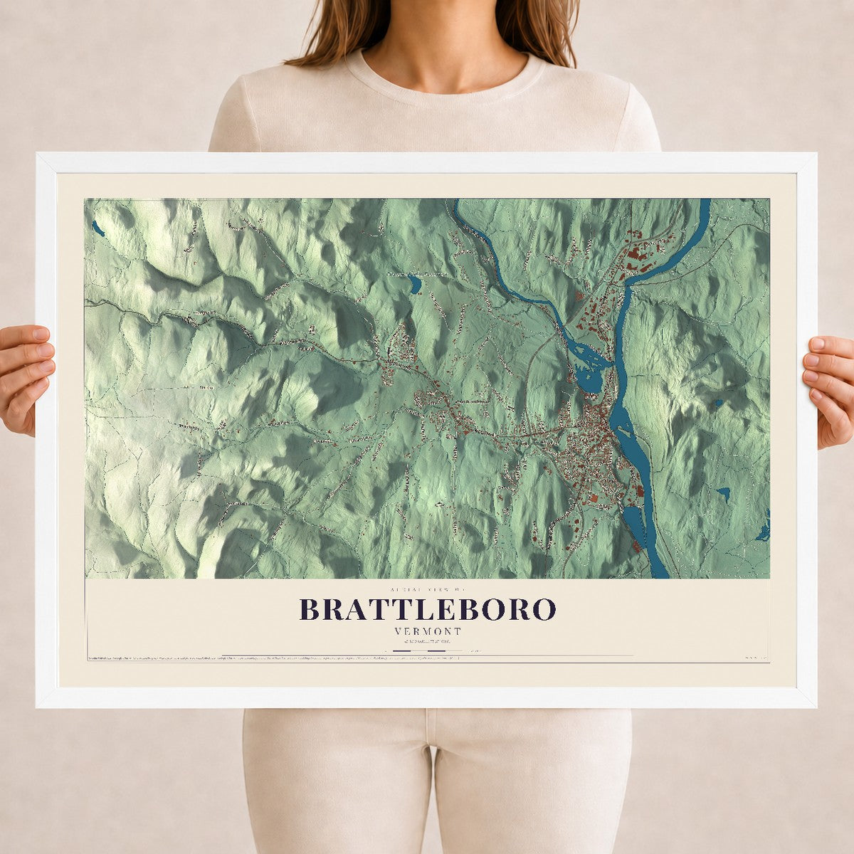 Map of Brattleboro, Vermont, 18 x 24 inch print in a white wood frame