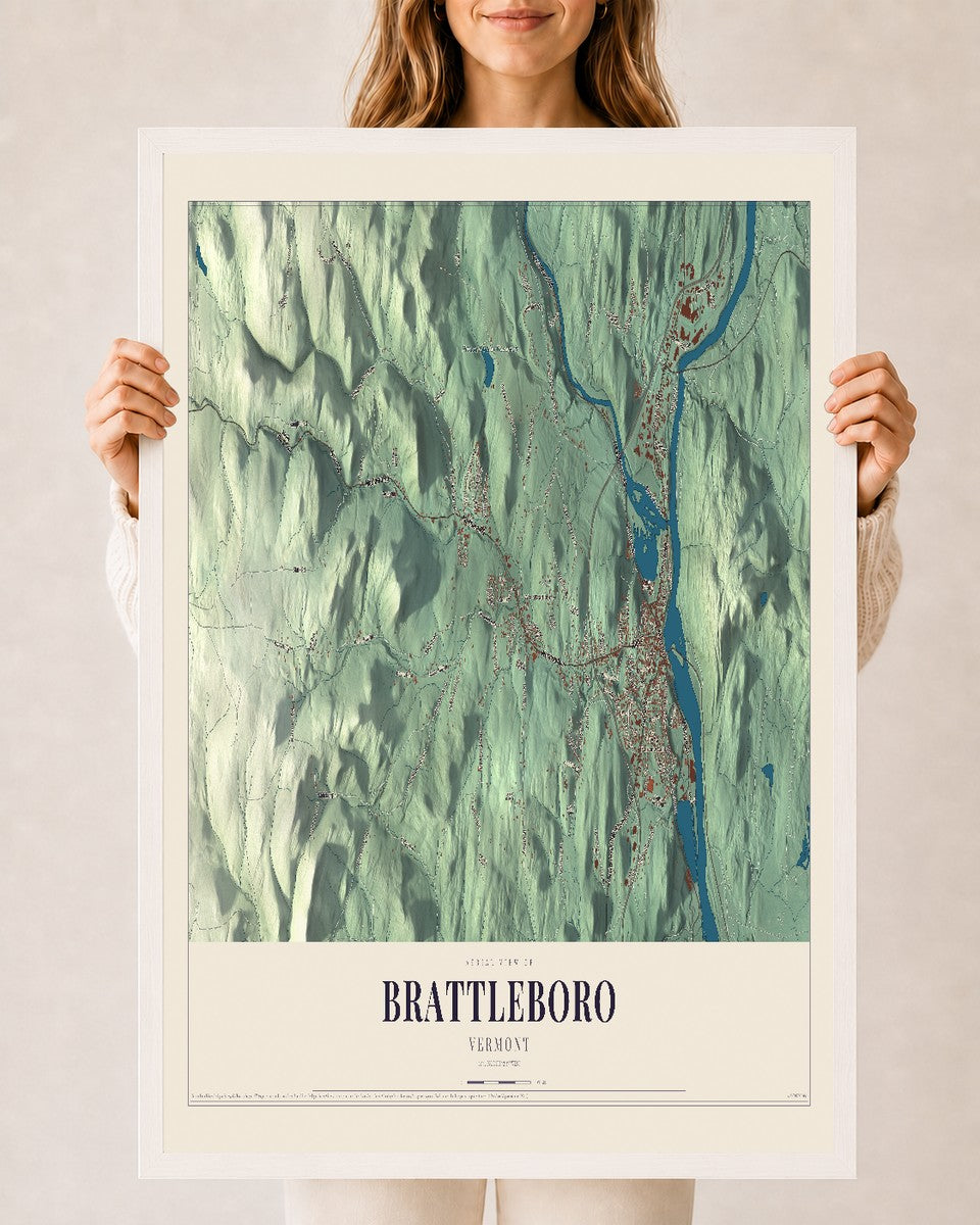 Brattleboro, Vermont map print - 24 x 36 white Ayous wood frame