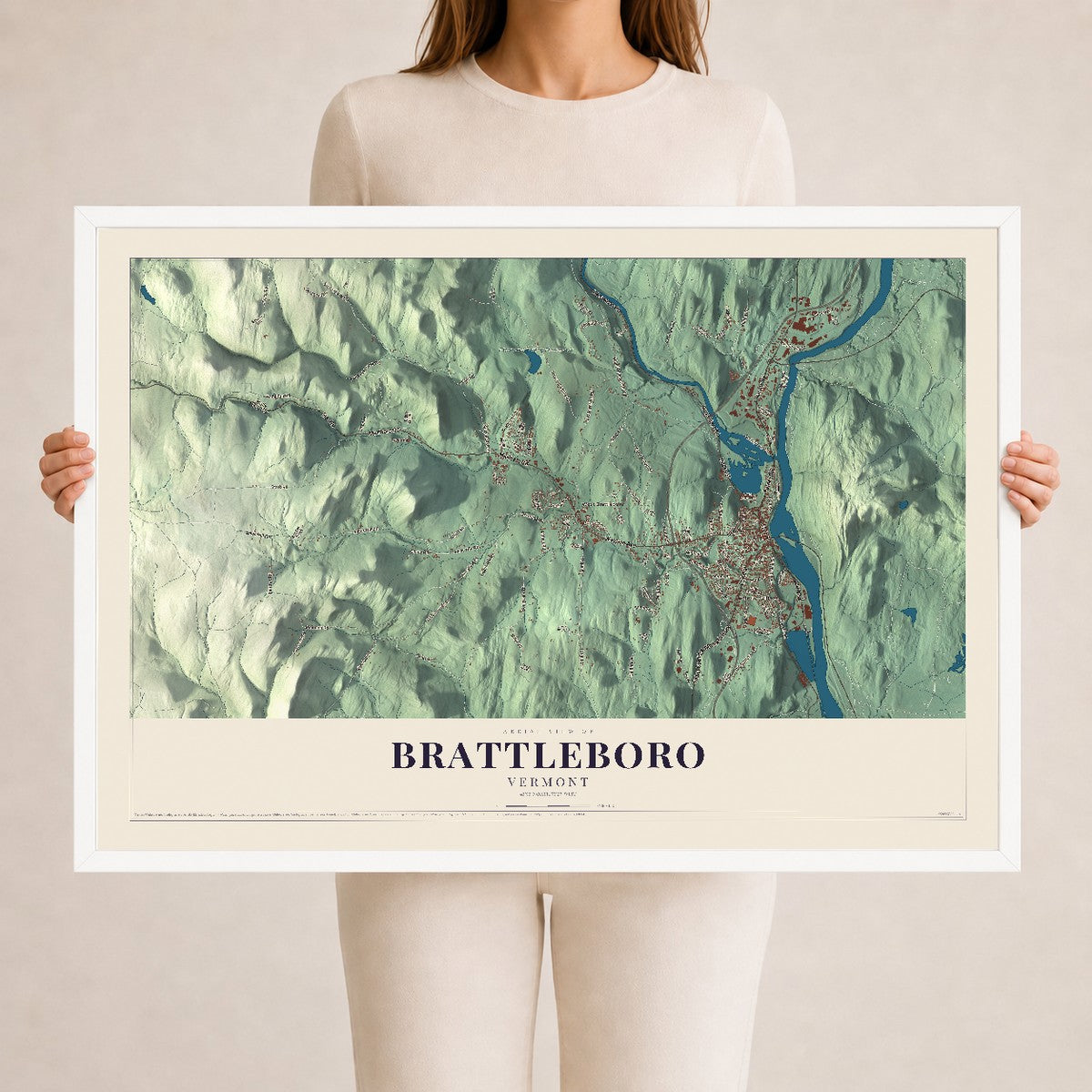 Map of Brattleboro, Vermont, 24 x 36 inch print in a white wood frame