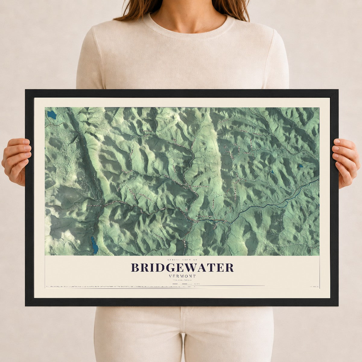 Map of Bridgewater, Vermont, 12 x 18 inch print in a black wood frame