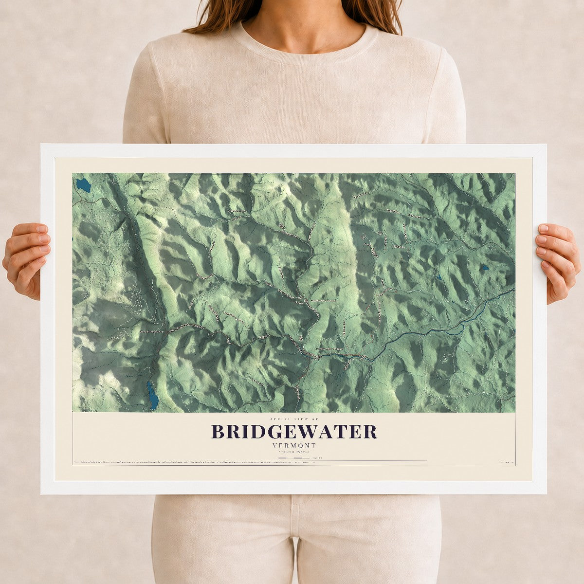 Map of Bridgewater, Vermont, 12 x 18 inch print in a white wood frame